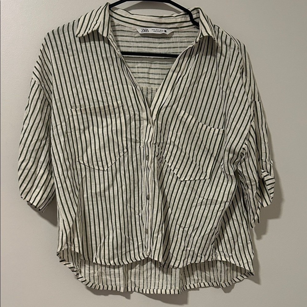 Zara Linen Blend Beachy Boxy Boho Button Down Striped Green Shirt Size Small